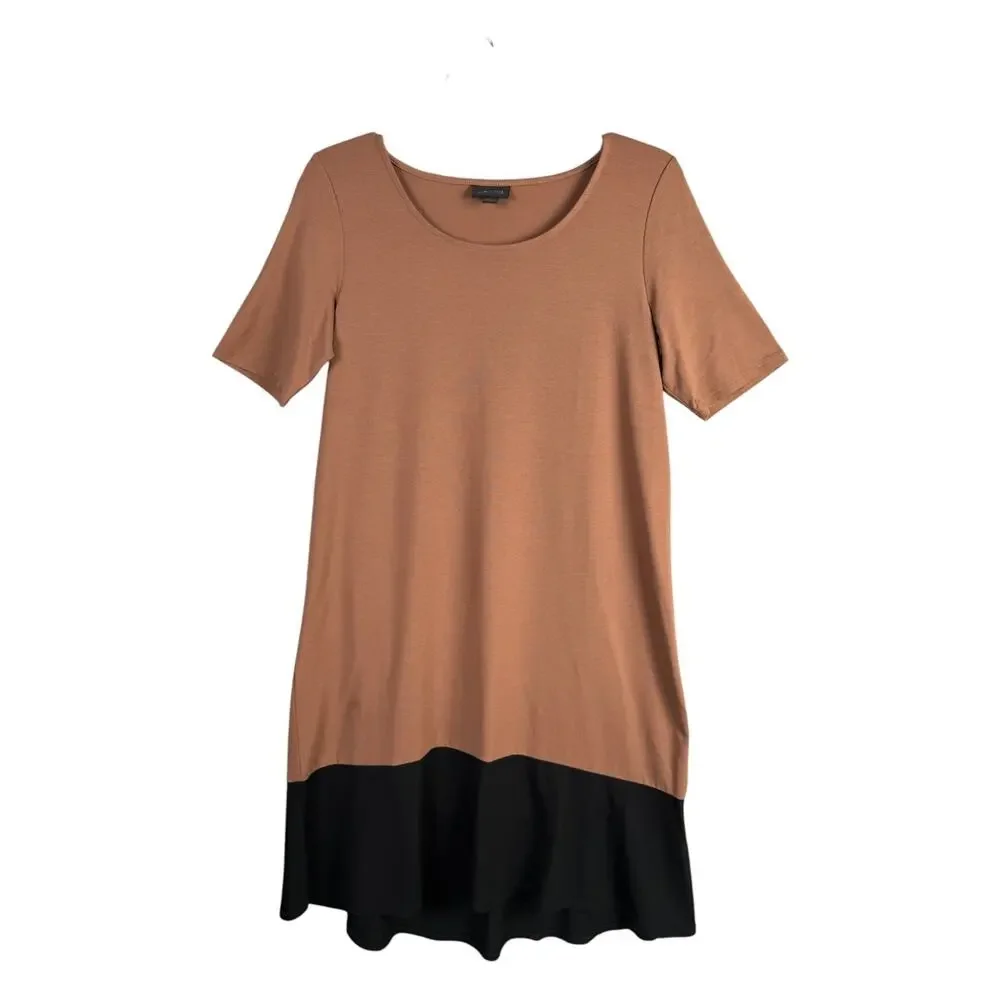 J. Jill S Wearever Bordered Elliptical Shift Dress Brown Black Elbow Sleeve